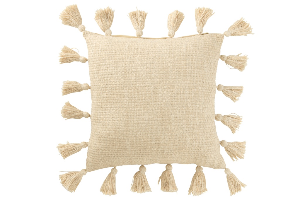 Coussin tissé à pompons en coton beige