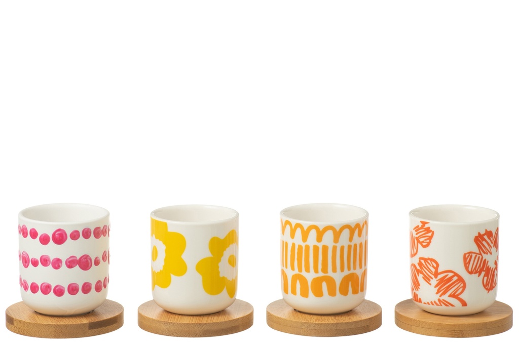 Set Of 4 Coffee Cup+Bamboo Saucer