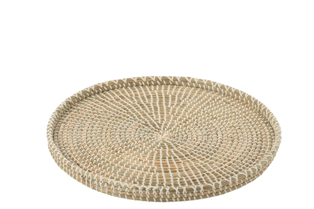 Plateau rond en jonc de mer/plastique naturel/blanc