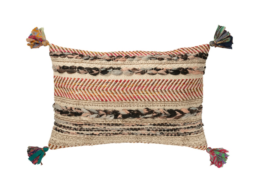 Coussin rectangulaire tressé Chindi + pompons en coton