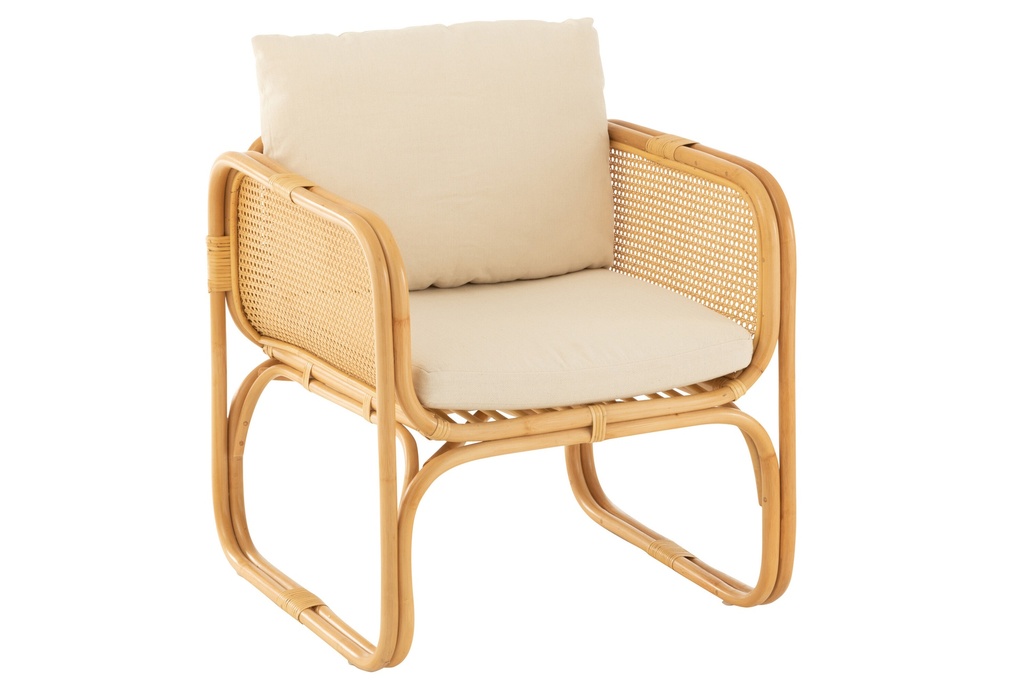 Fauteuil + Coussin Rotin/Textile Naturel/Blanc