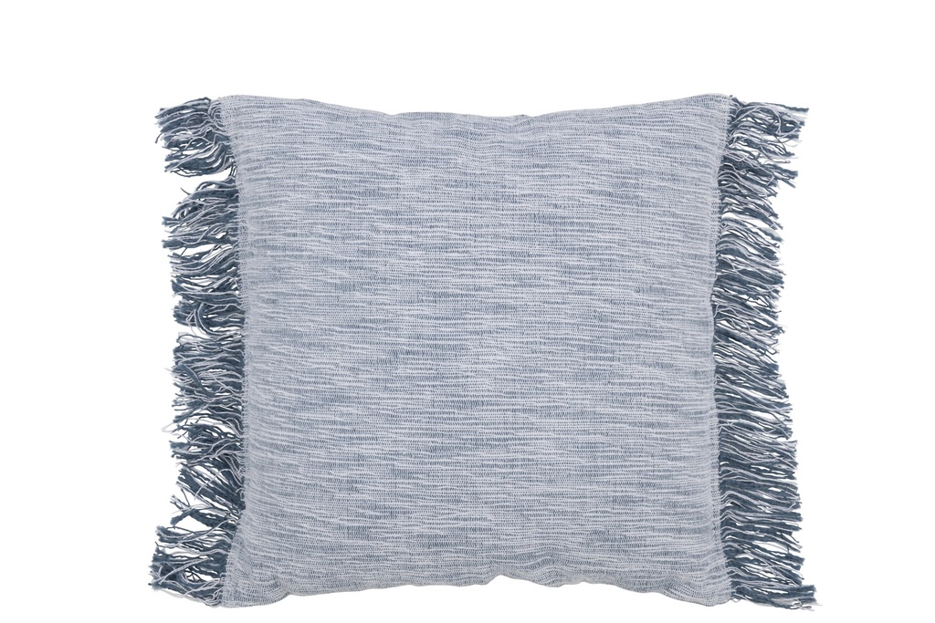Coussin Tissage Semi-Uni + Franges Coton Blanc/Bleu