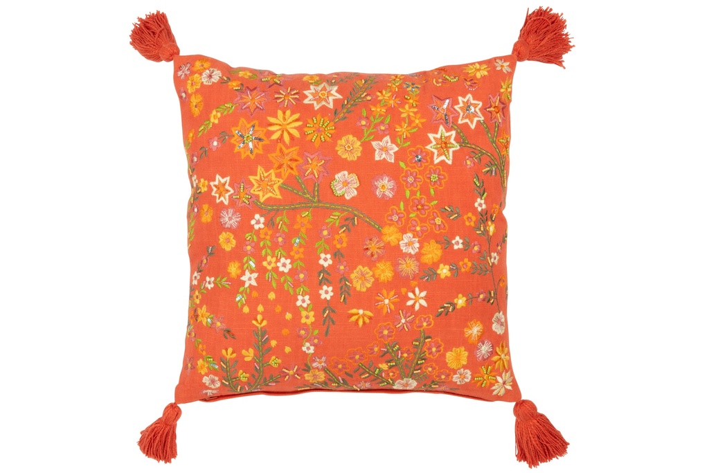 Cushion Square Flowers+Tassels Cotton Orange