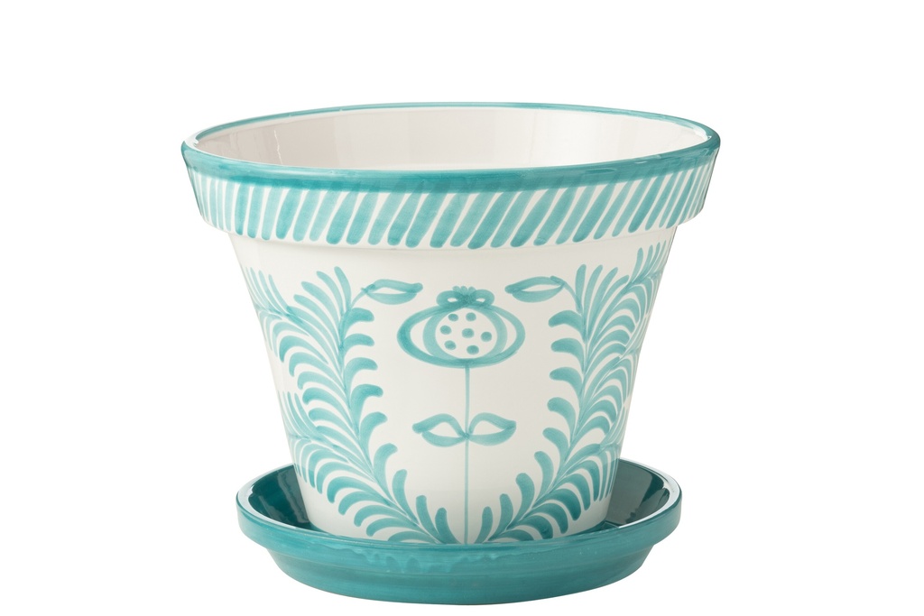 Flowerpot+Plate Granada Handmade/Handpainted Ceramic Aqua/White