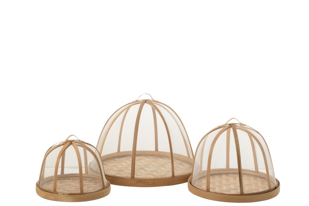 Lot de 3 plateaux + cloches en bambou naturel/blanc
