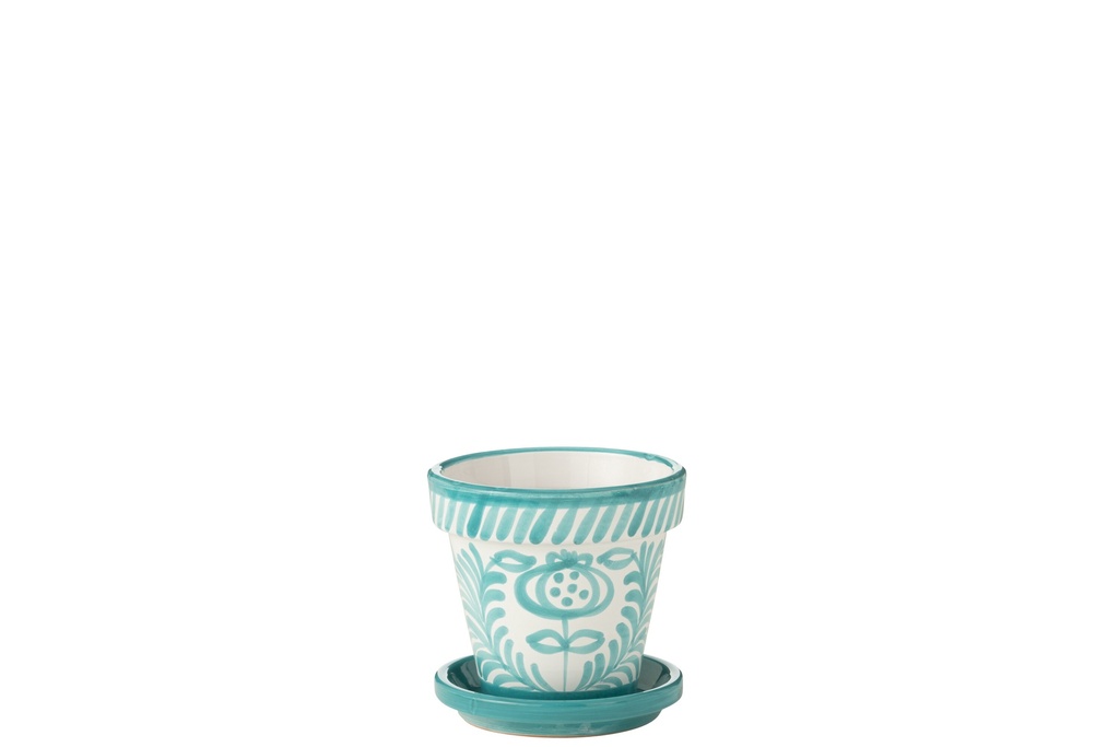 Flowerpot+Plate Granada Handmade/Handpainted Ceramic Aqua/White