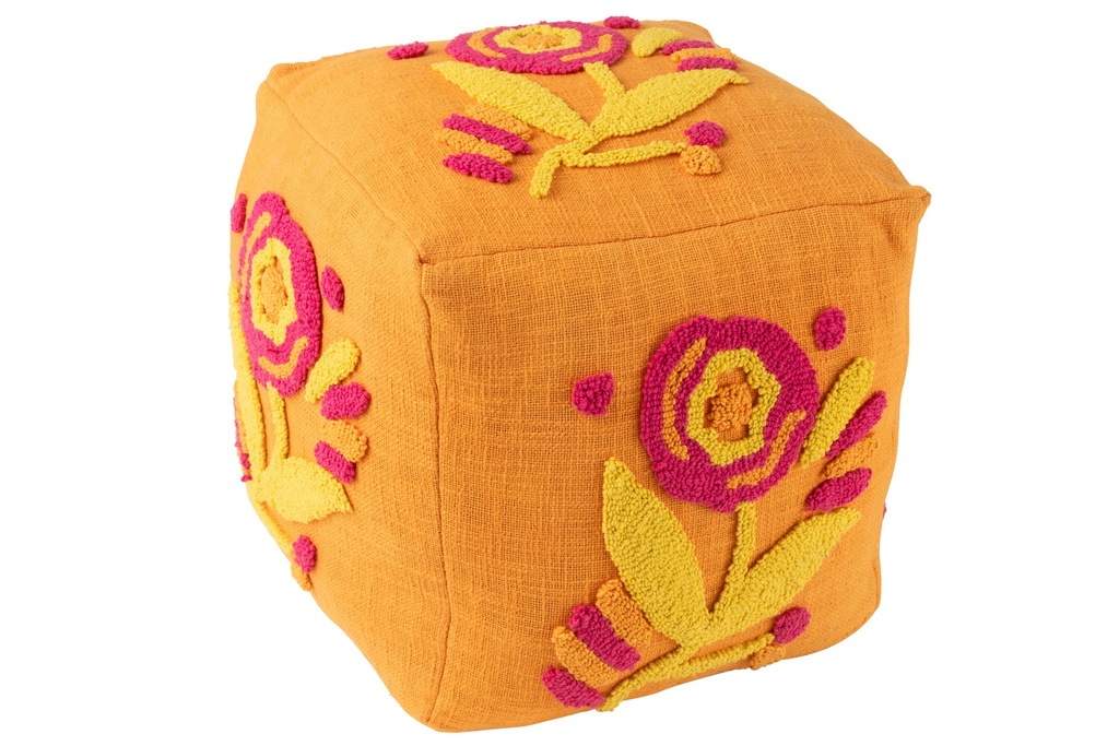 Pouf Carré Fleur Coton Orange/Rose/Jaune