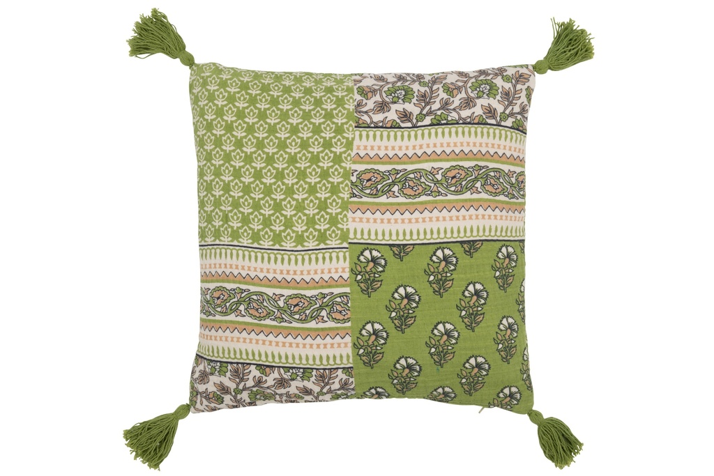 Coussin Fleurs+Pompons Coton Vert