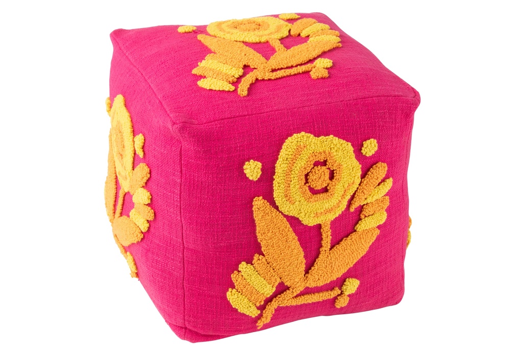 Pouf Carré Fleur Coton Rose/Orange/Jaune