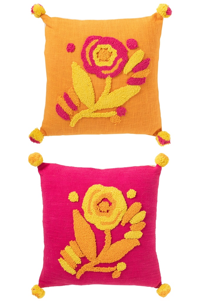 Coussin Carré Broderie Fleur+Pompons Coton