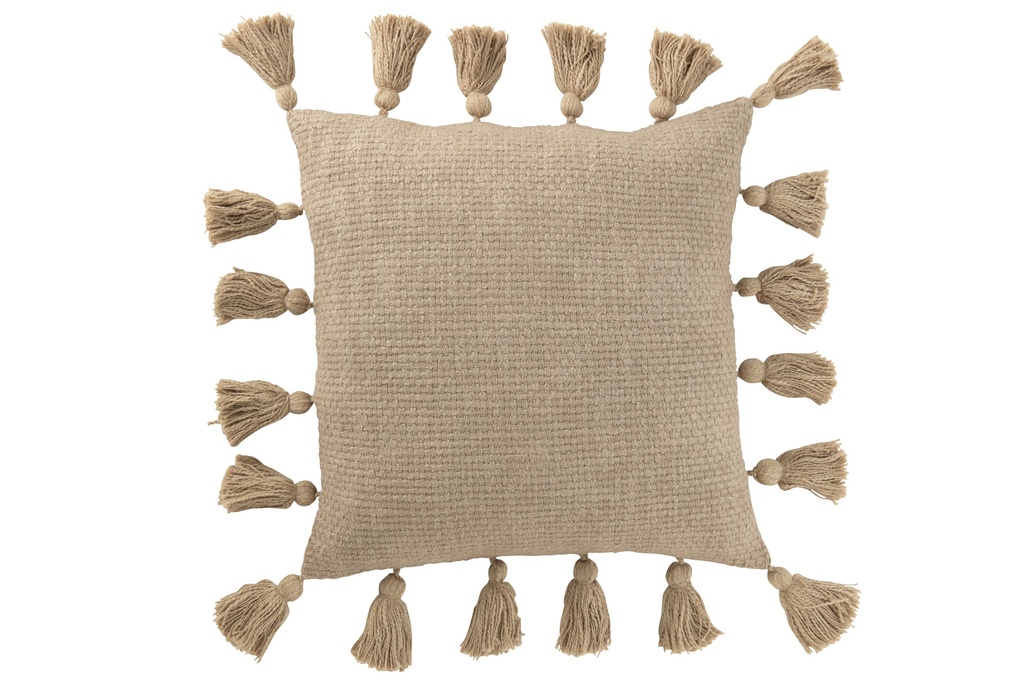 Coussin Pompons Tissés Coton Taupe