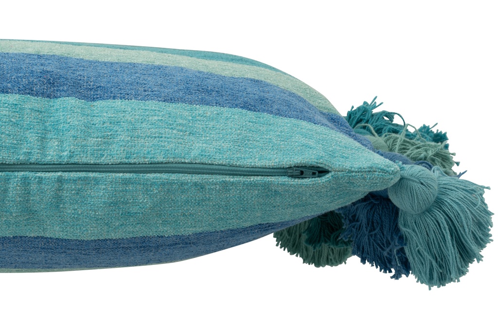 Coussin Rayures+Pompons Coton Bleu