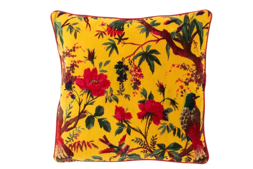 Coussin Oiseaux/Fleurs Velours Coton Jaune