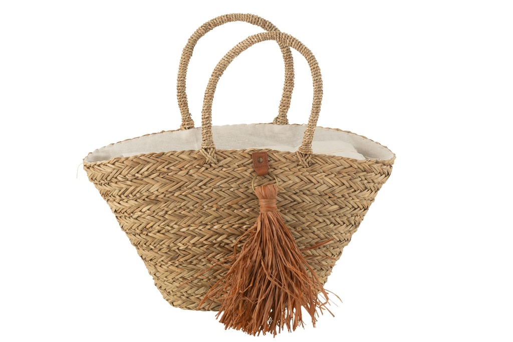 Sac de plage à pompons en jonc de mer/raphia naturel/marron