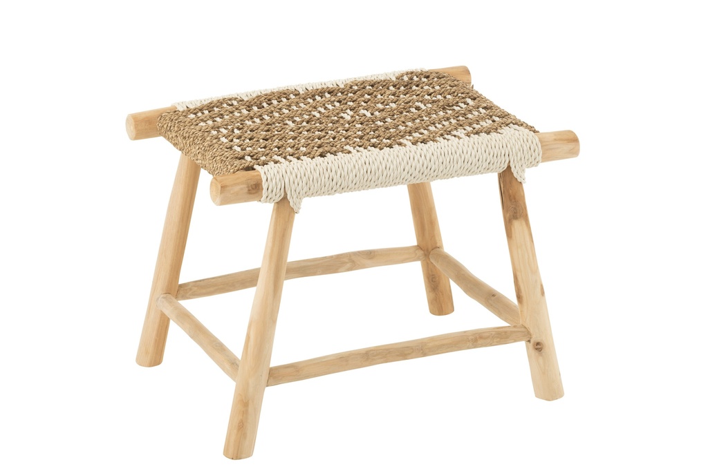 Tabouret Waverly en bois de teck/jonc de mer naturel/blanc