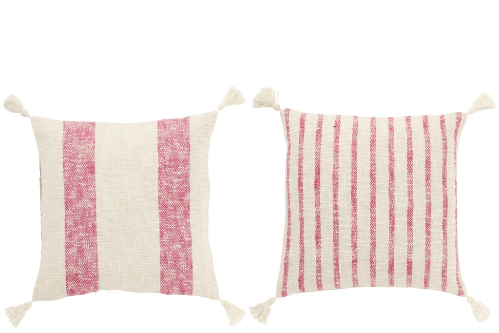 Coussin carré à rayures et pompons en coton blanc/rose