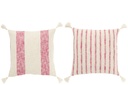 Coussin carré à rayures et pompons en coton blanc/rose