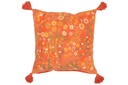 Coussin Carré Fleurs+Pompons Velours Orange