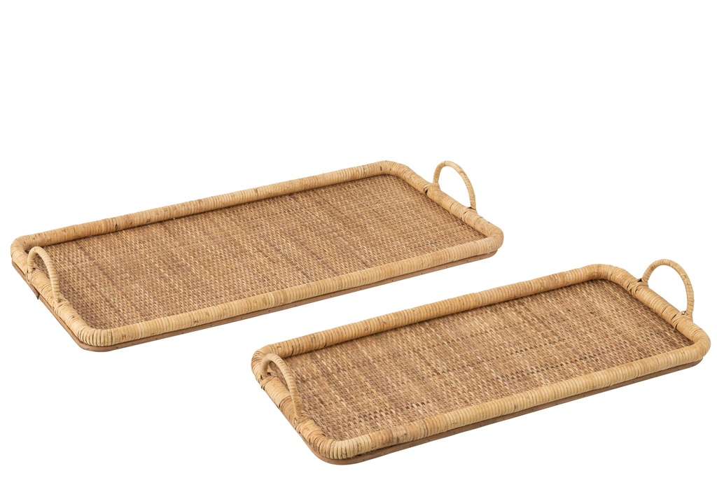 Set Of 2 Tray Rectangle Rattan/Metal