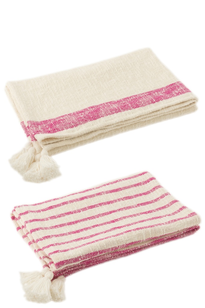 Assortiment de plaids à rayures et pompons en coton blanc/rose