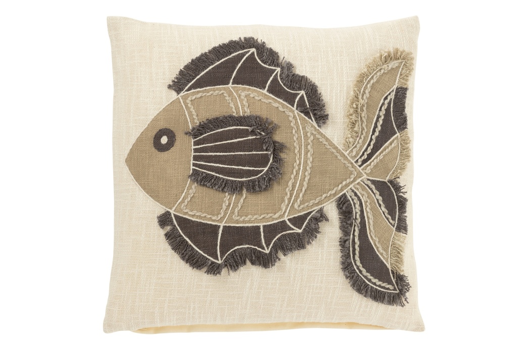 Coussin Poisson Coton/Laine Blanc/Beige/Marron