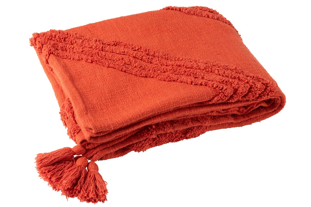 Motif à carreaux touffetés + pompons en coton brique