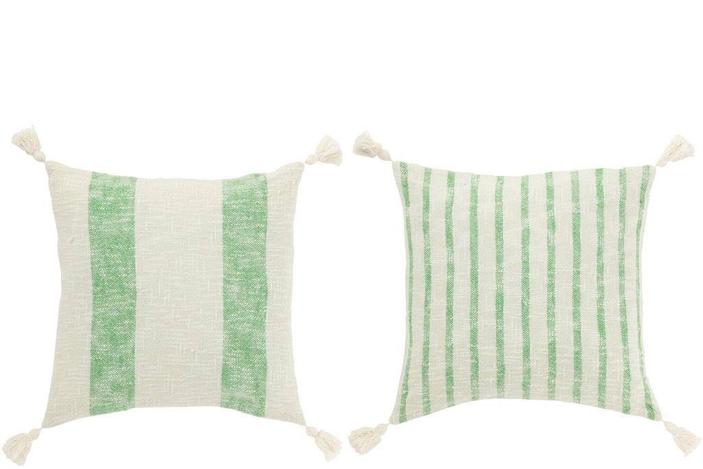 Coussin carré à rayures et pompons en coton blanc/vert