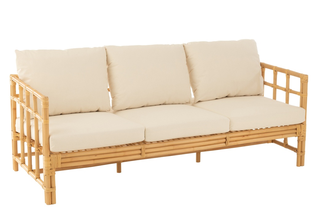 Canapé Elise + Coussin 3 Personnes Rotin/Textile