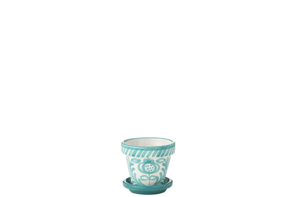 Flowerpot+Plate Granada Handmade/Handpainted Ceramic Aqua/White