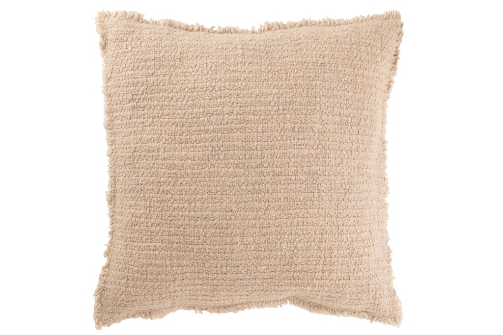 Coussin à bords effilochés en coton/polyester beige