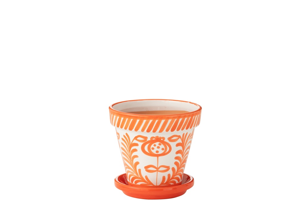 Flowerpot+Plate Granada Handmade/Handpainted Ceramic Orange/White