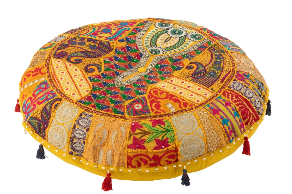 Pouf Plat Rond Motifs+Glands Coton