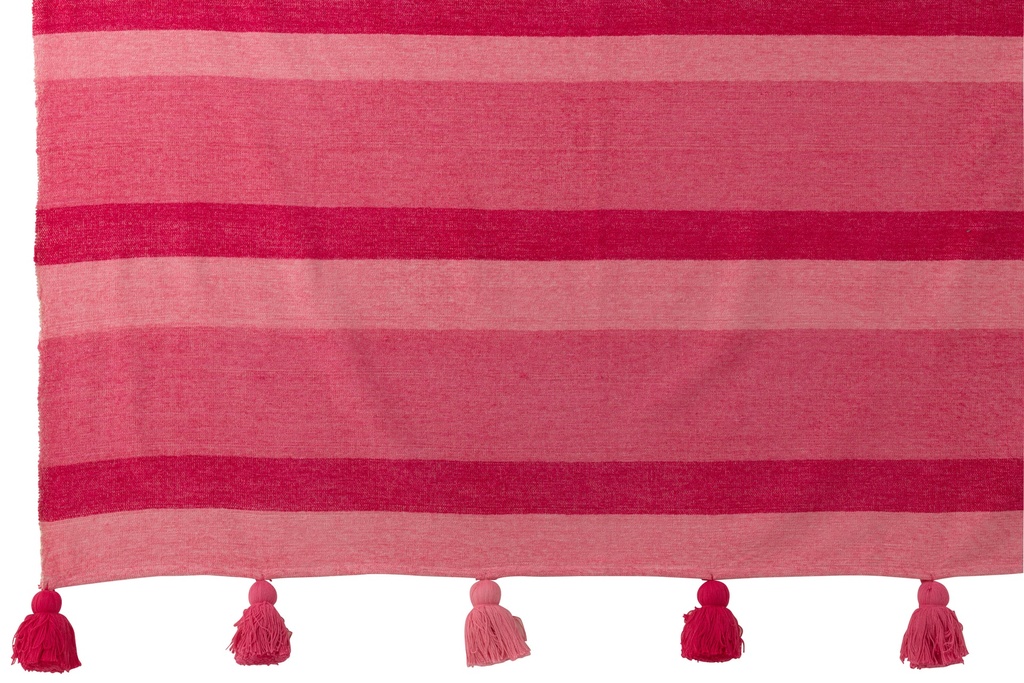 Plaid Rayures + Pompons Coton Rose