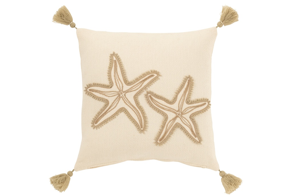 Coussin Étoiles de mer + Pompons Coton Crème/Beige