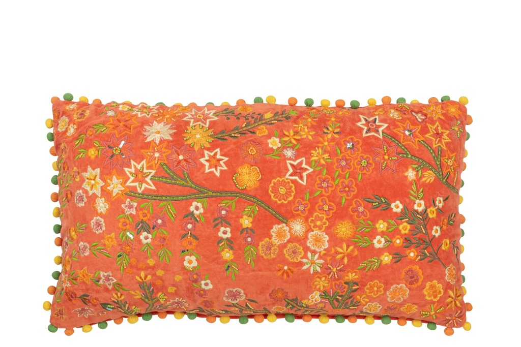 Coussin Rectangle Fleurs+Pompons Velours Orange