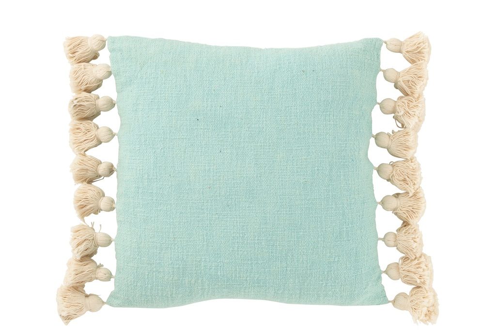 Coussin Carré+Pompons Coton/Polyester Bleu Cyan