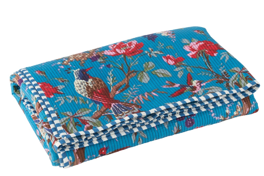 Plaid Oiseaux/Fleurs Velours de Coton Bleu