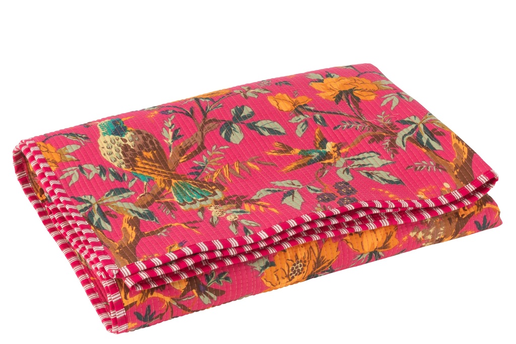 Plaid Oiseaux/Fleurs Velours de Coton Rose