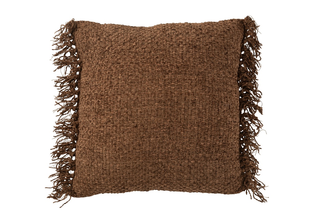Coussin tissé + franges viscose/coton marron foncé
