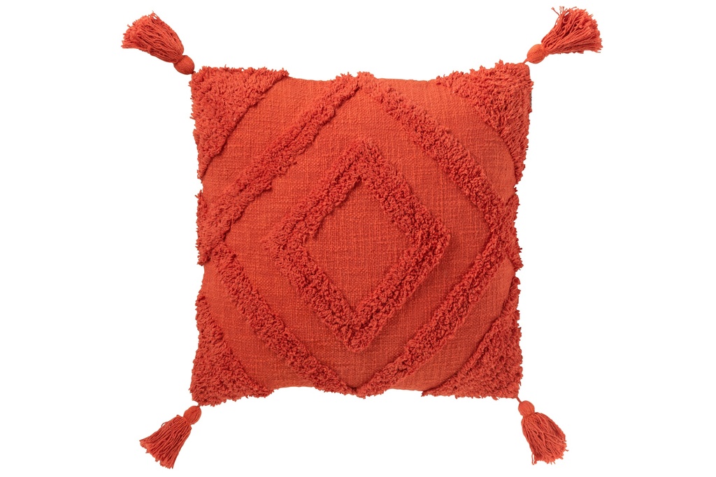 Coussin Motif Tufté + Pompons Coton Brique