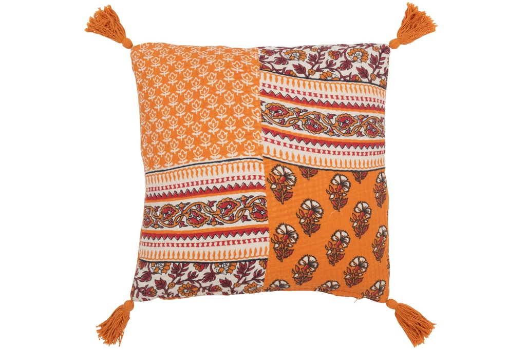 Coussin Fleurs+Pompons Coton Orange