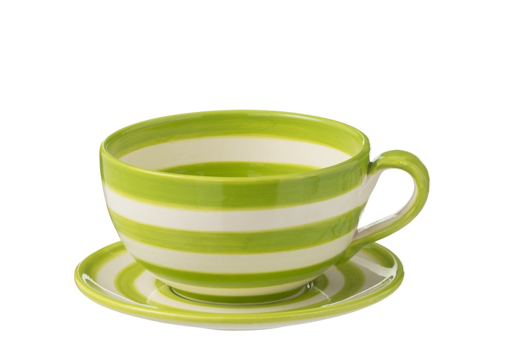 Tasse et assiette Granada Stripes en céramique blanche/verte