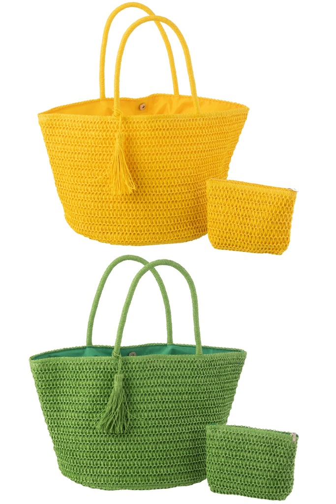 Sac de plage + pochette en papier assortiment vert/jaune
