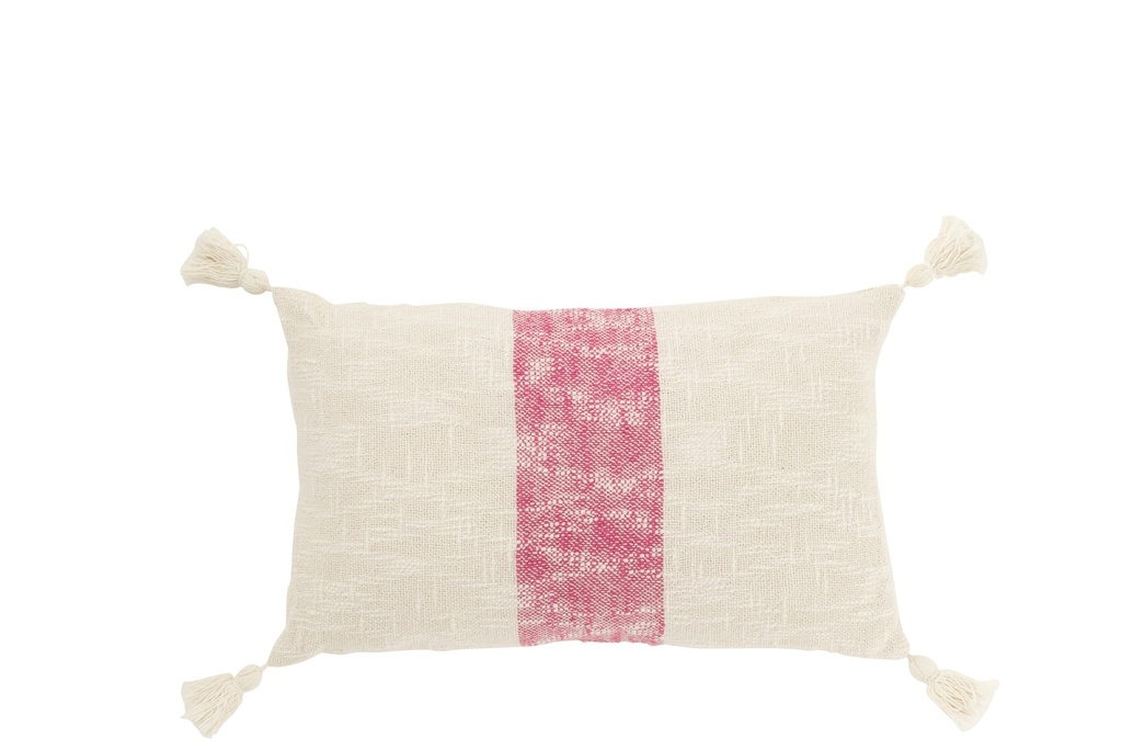 Coussin Rectangle Rayures+Pompons Coton Blanc/Rose