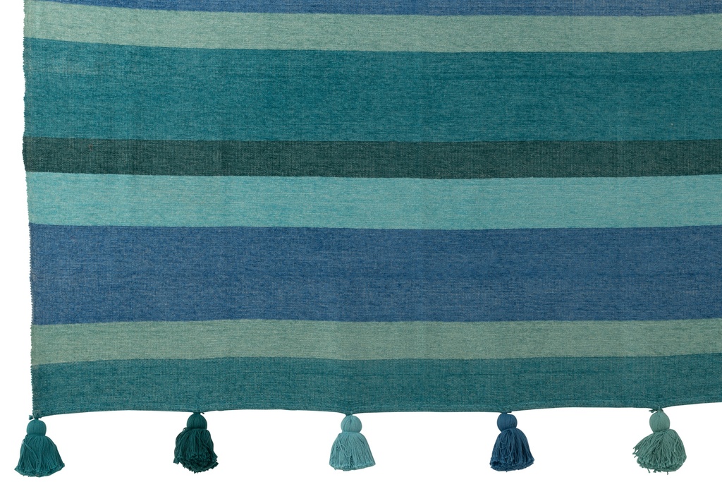 Plaid Rayures + Pompons Coton Bleu