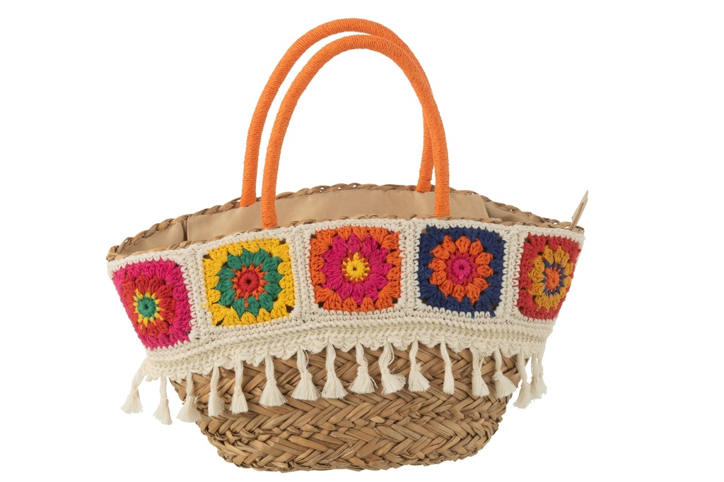 Sac de plage crocheté et pompons en jonc de mer/coton