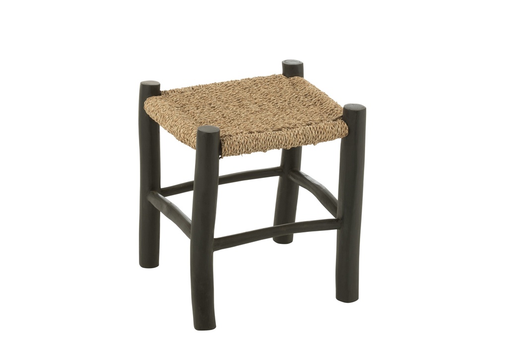 Tabouret carré en bois de teck/jonc de mer noir/naturel