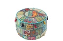 Pouf Rond Motifs+Pompons Coton Bleu