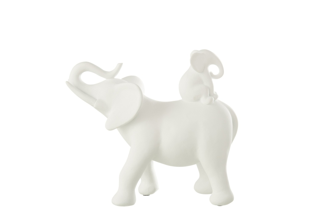 Elephant Carrying Baby Polyresin White