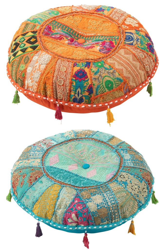 Pouf Round Plat Patterns+Tassels Cotton
